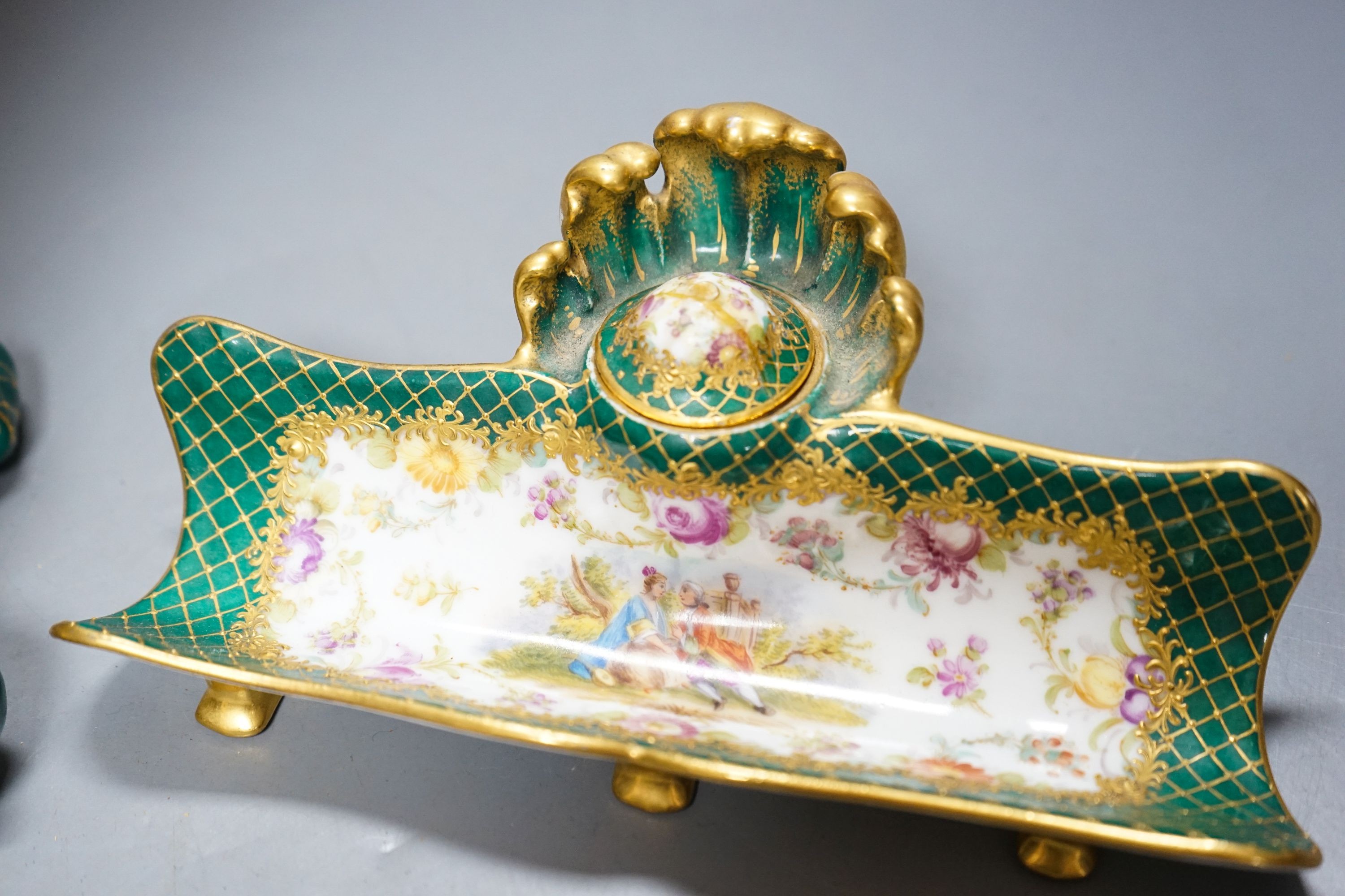 A Dresden porcelain model longcase timepiece and matching ink stand 34cm